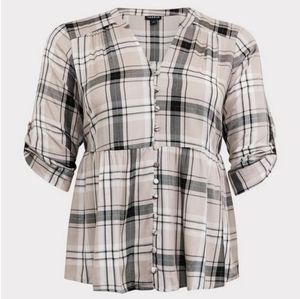 Torrid Blouse Gray Plaid Babydoll Top Button Front Rayon Roll Tab Sleeve Plus 1X